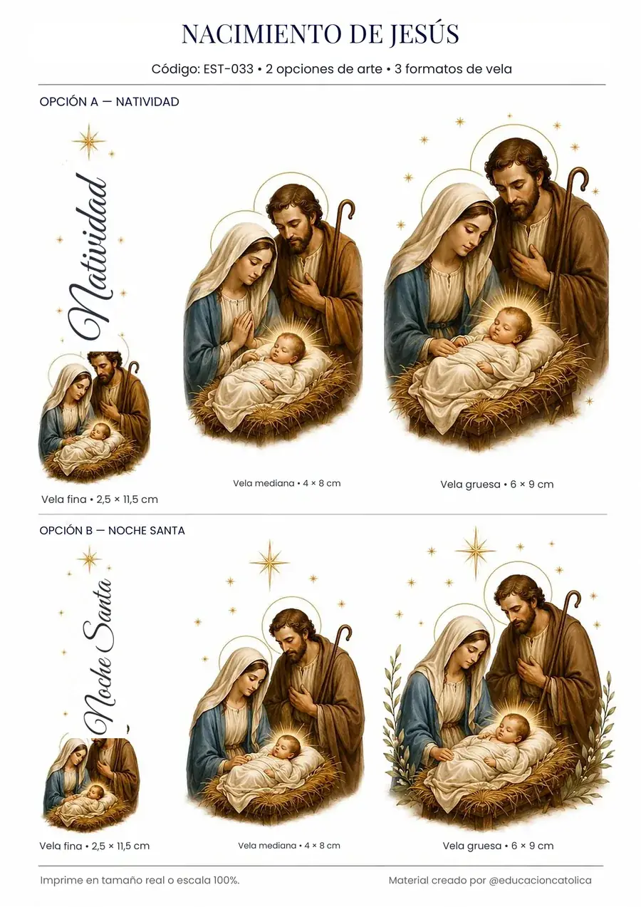 Estampa católica para velas: Nacimiento de Jesús