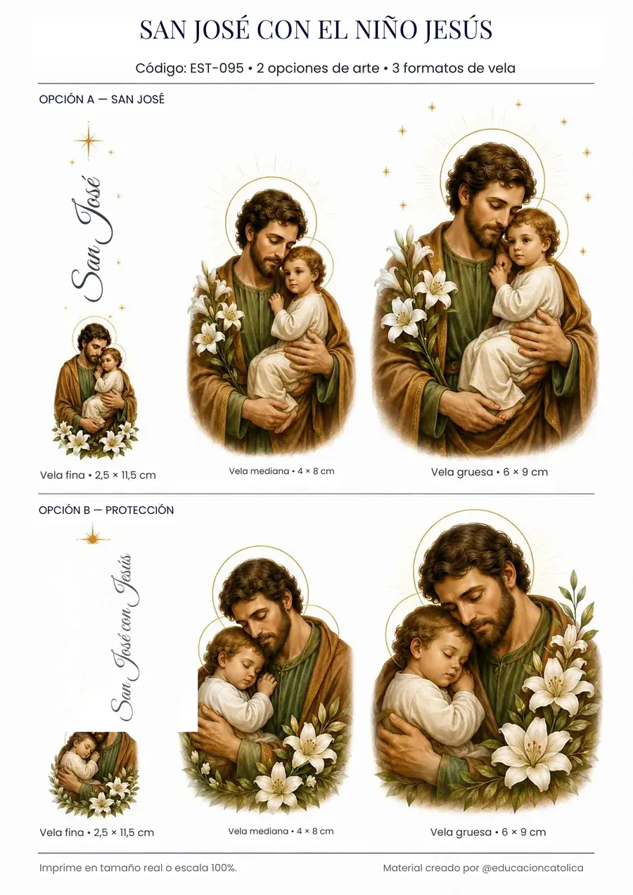 Estampa católica para velas: San José con el Niño Jesús
